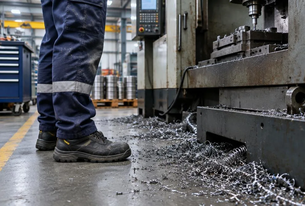 Fabrika tezgahı önünde iş güvenliği ayakkabısı giyen operatör